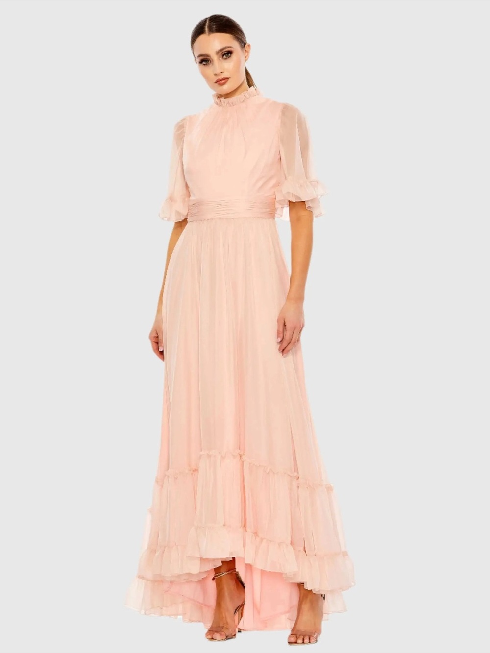 NEW MAC DUGGAL
Pink Ruffled Mock Neck Flutter Sleeve High Low Hem Gown Sz: 16